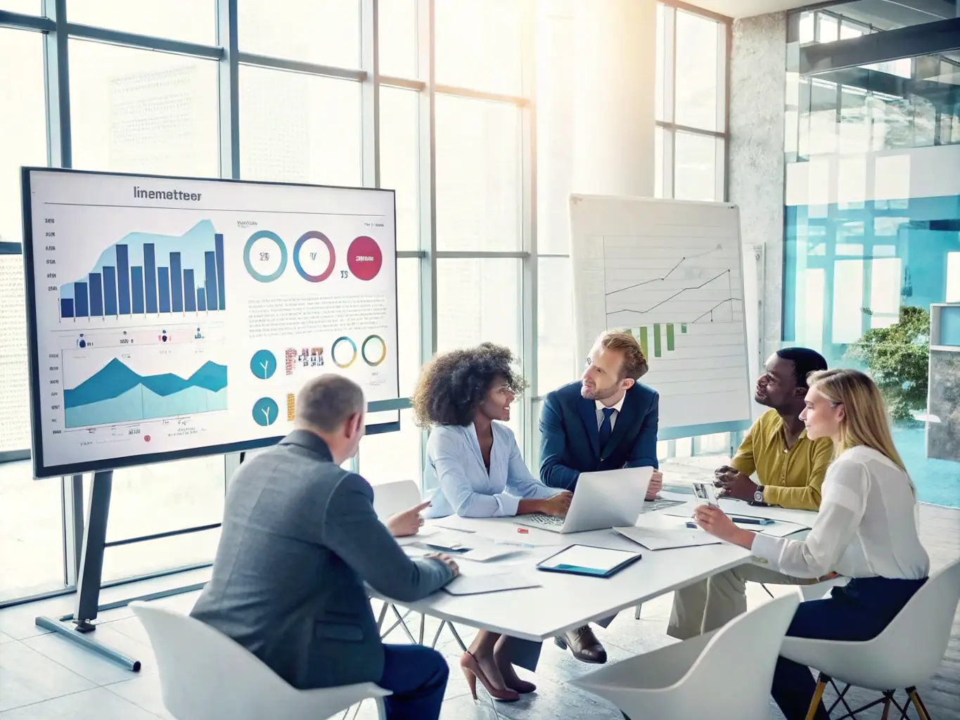 A group of diverse professionals collaborating on a project, showcasing teamwork and problem-solving.