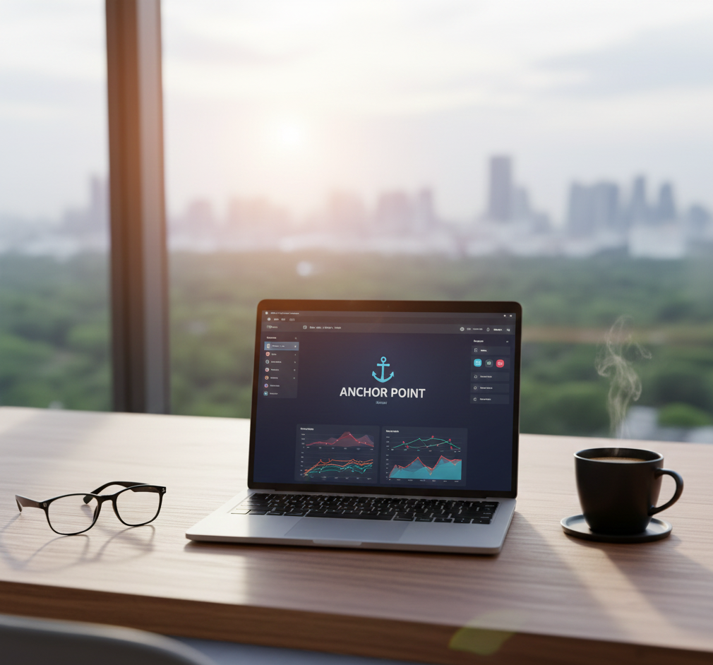 A minimalist first-person view of a clean wooden desk featuring a sleek laptop displaying a clear organizational dashboard, a ceramic coffee mug placed safely to the side, and a pair of stylish glasses in a sunlit, modern office.